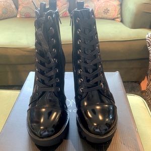 Black patent leather lace up boots size 6.5, never worn